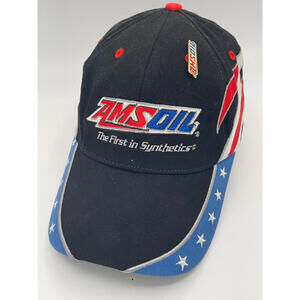 Vtg AMS Oil Trucker Cap Embroidered w/ pin Red White Blue Pro-fitted Hat Stretch